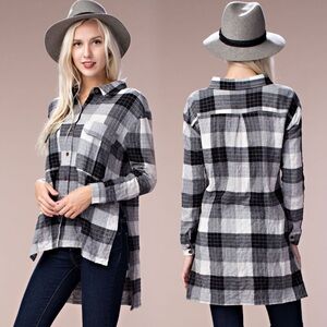 Plaid Longline Women's Button Down Top With Pockets